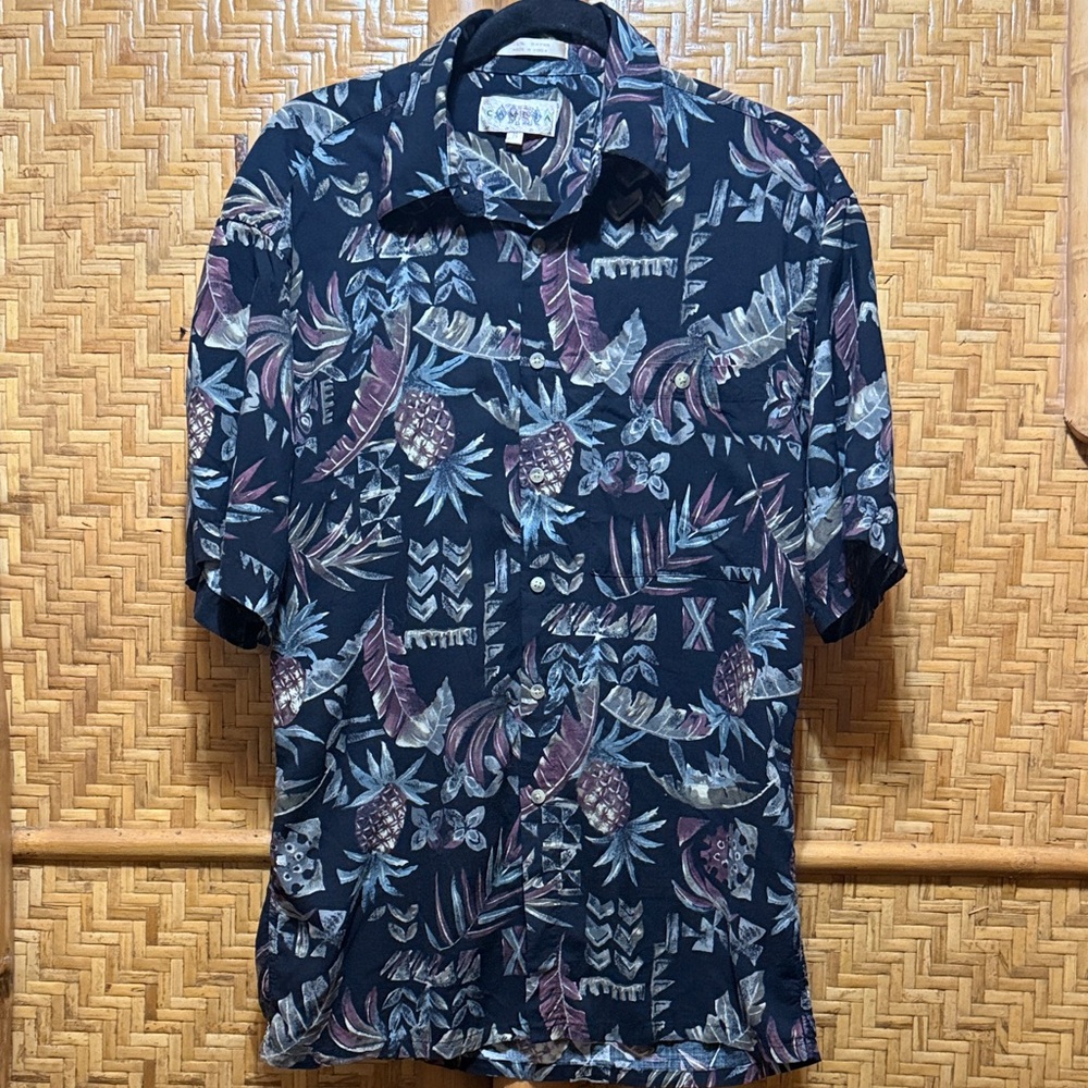 Vintage Hawaiian rayon aloha pineapple Navy Botanical Print Shirt medium